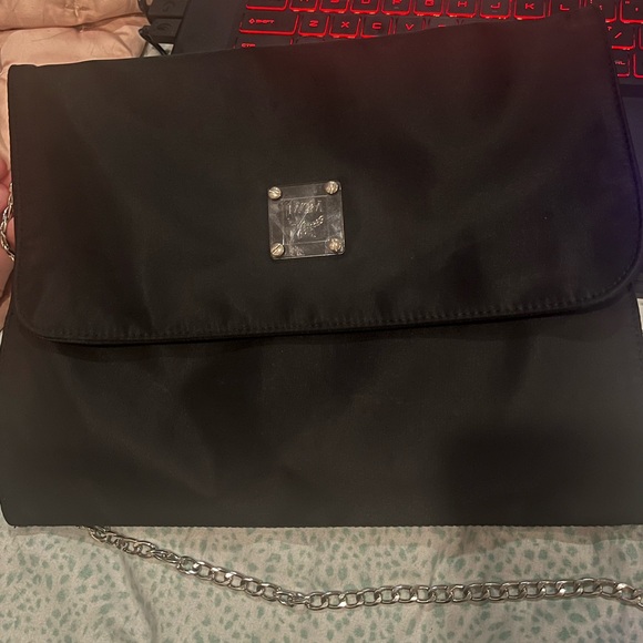 MCM Black Clutch Nylon RARE w/ chain silver hardware. Velcro attach - Picture 1 of 8